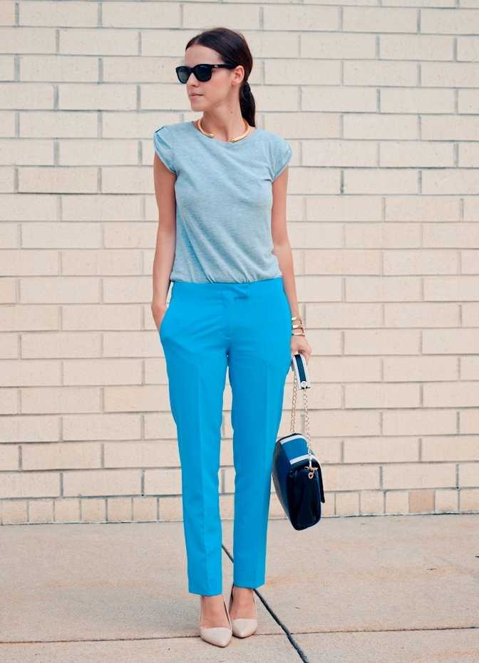 Женские синие брюки (61 фото): классические, узкие или широкие, на резинке или с манжетами