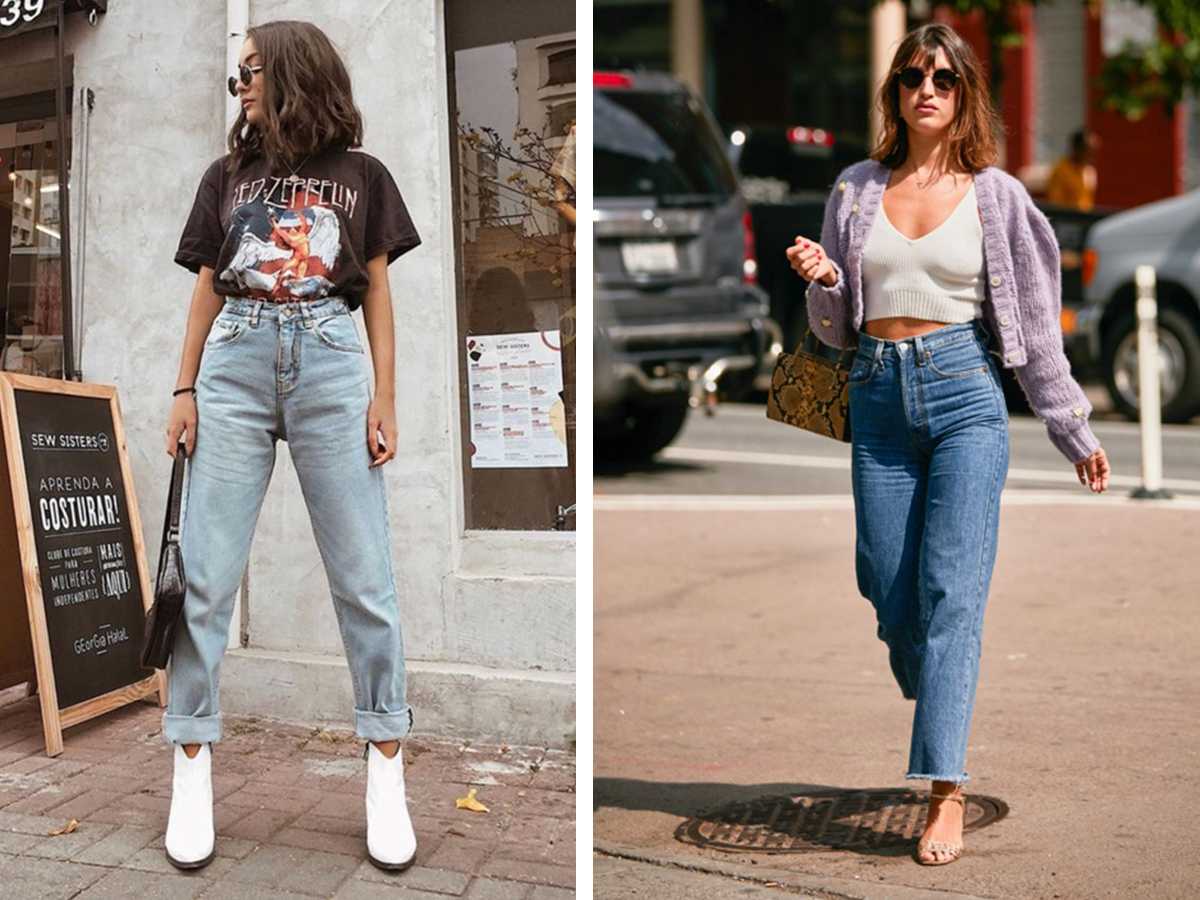 С чем носить широкие женские джинсы с высокой и низкой талией, фото стильных луков с джинсами бананами